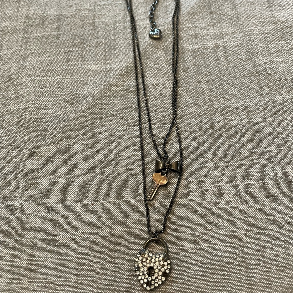 Betsey Johnson Black and Silver lock and key Layered Heart Necklace